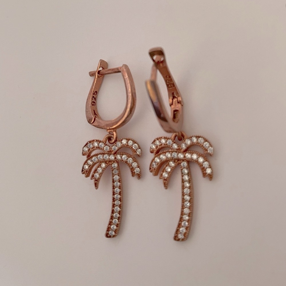 🌴925 Silver palm tree cz dangling hoop earrings 14k rose gold plated